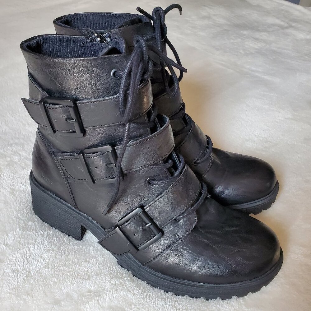 b.o.c. Black Leather Combat Moto Boots with Buckles